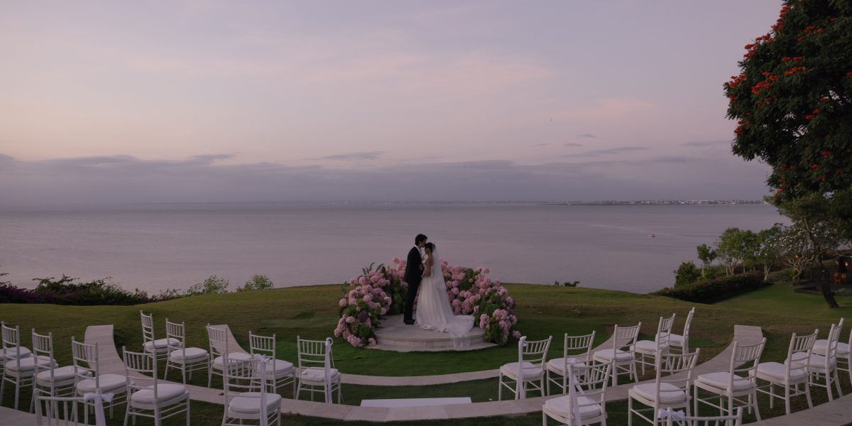 elegant wedding altar with beautiful sunset